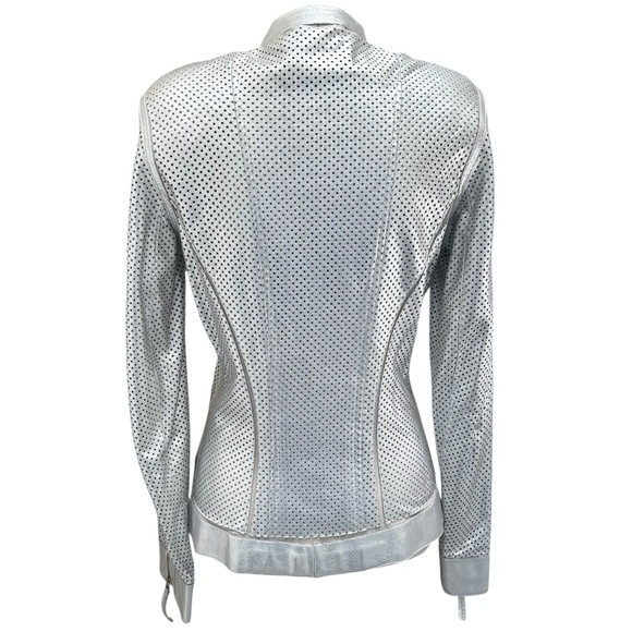 ROBERTO CAVALLI SILVER PERFORATED LEATHER FITTED FULL ZIP JACKET - WAS ALTERED - Picture 6 of 16